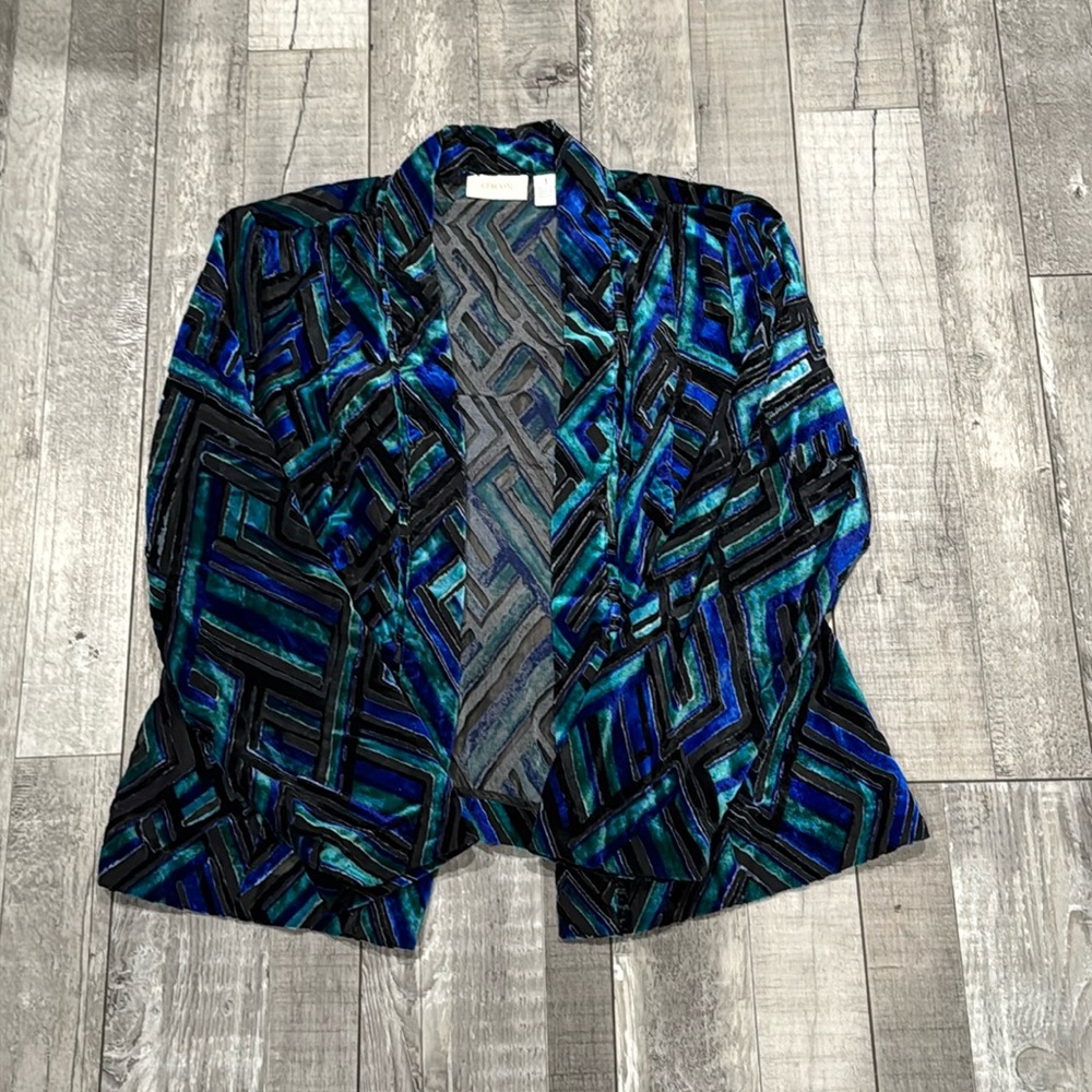 CHICOS Turquoise Abstract Design Velvet Feel Open Blazer